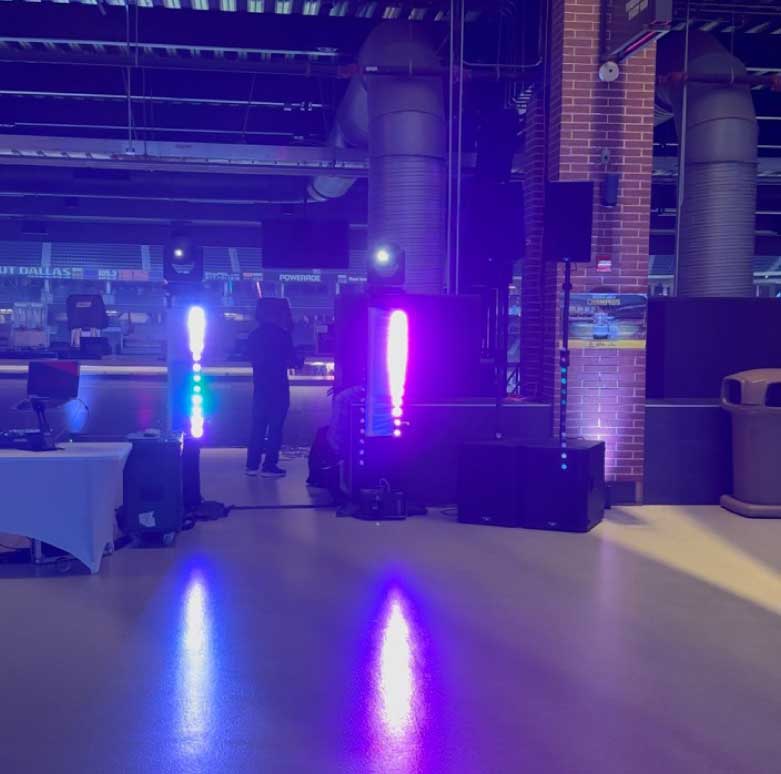 Professional audio-visual and lighting setup at a Southlake wedding reception with elegant décor and high-quality sound