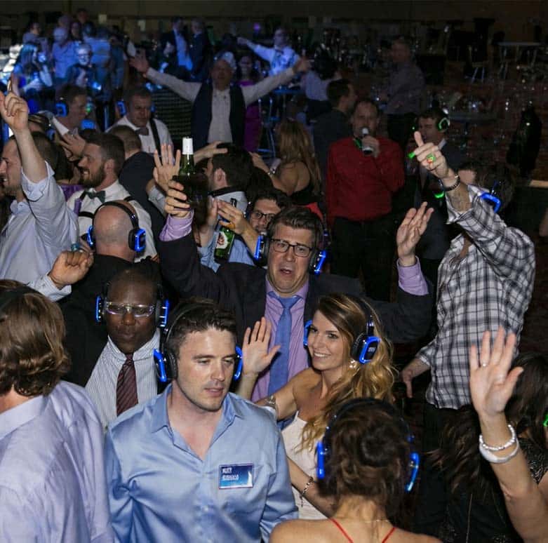 Silent disco party in Southlake, TX with guests wearing headphones