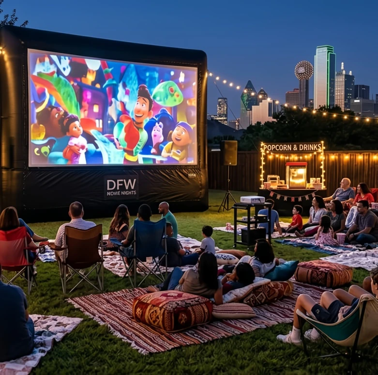 Outdoor movie night audience enjoying a community screening with inflatable screen and families gathered outdoors